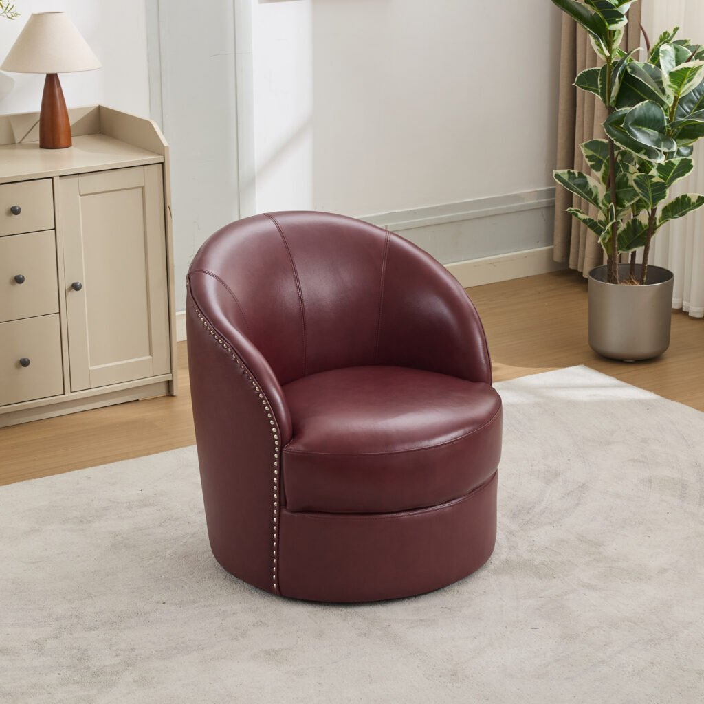 Dark red Top-Grain Leather Swivel Accent Chair, 360° Smooth Spin, Mid-Century Modern Lounge Chair for Living Room/Office - Image 1