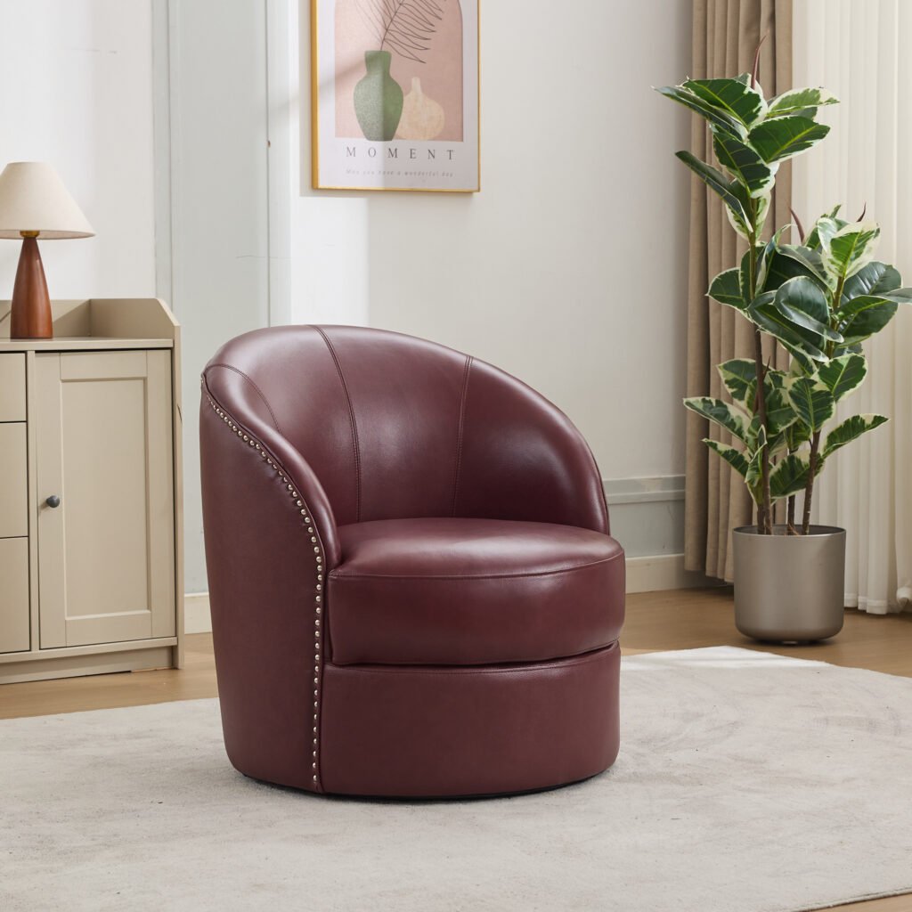 Dark red Top-Grain Leather Swivel Accent Chair, 360° Smooth Spin, Mid-Century Modern Lounge Chair for Living Room/Office - Image 2