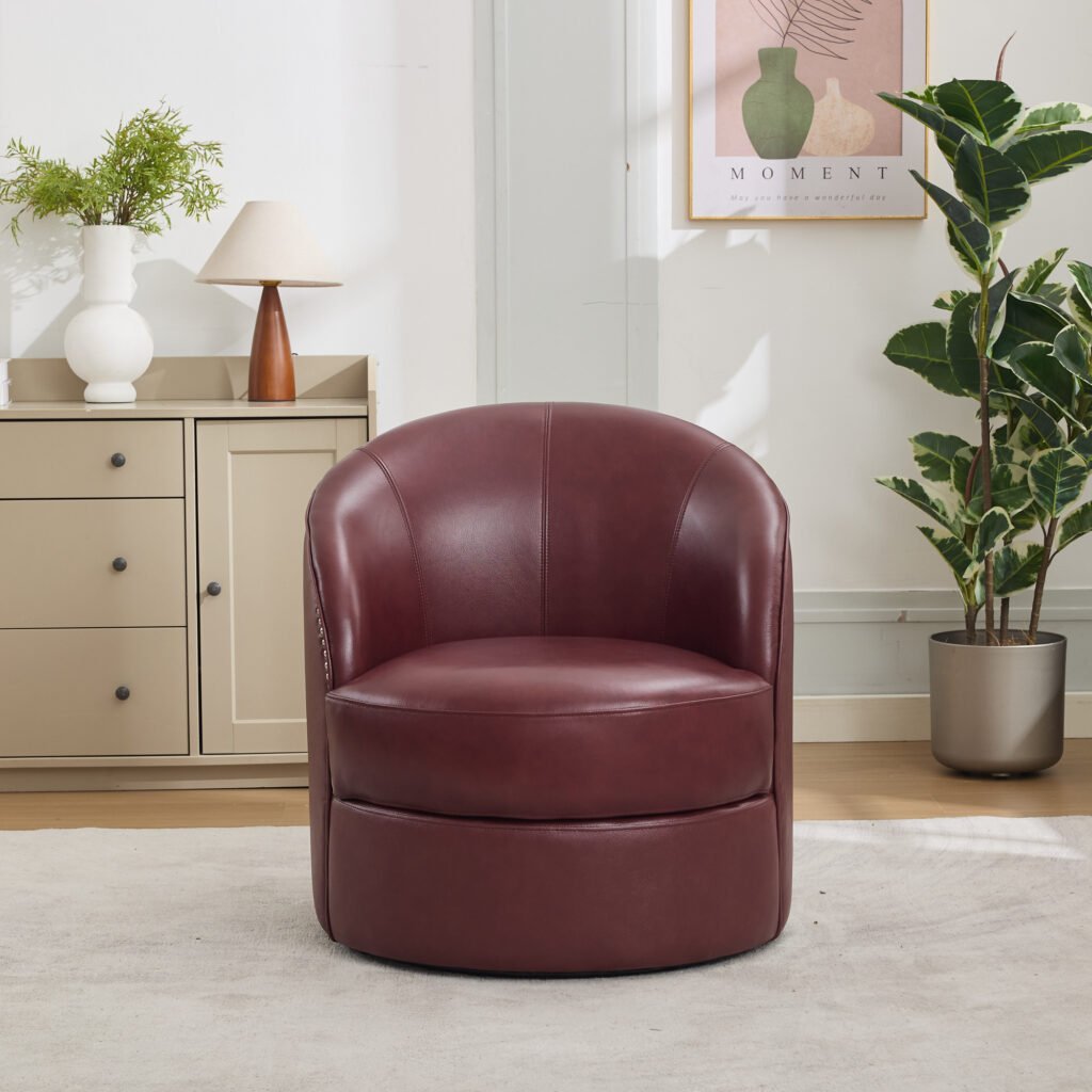 Dark red Top-Grain Leather Swivel Accent Chair, 360° Smooth Spin, Mid-Century Modern Lounge Chair for Living Room/Office - Image 3