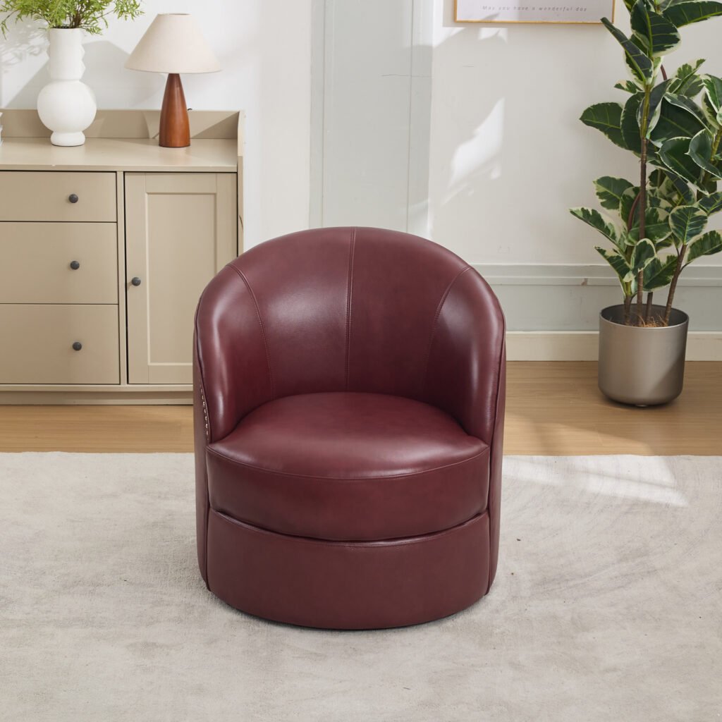 Dark red Top-Grain Leather Swivel Accent Chair, 360° Smooth Spin, Mid-Century Modern Lounge Chair for Living Room/Office - Image 4