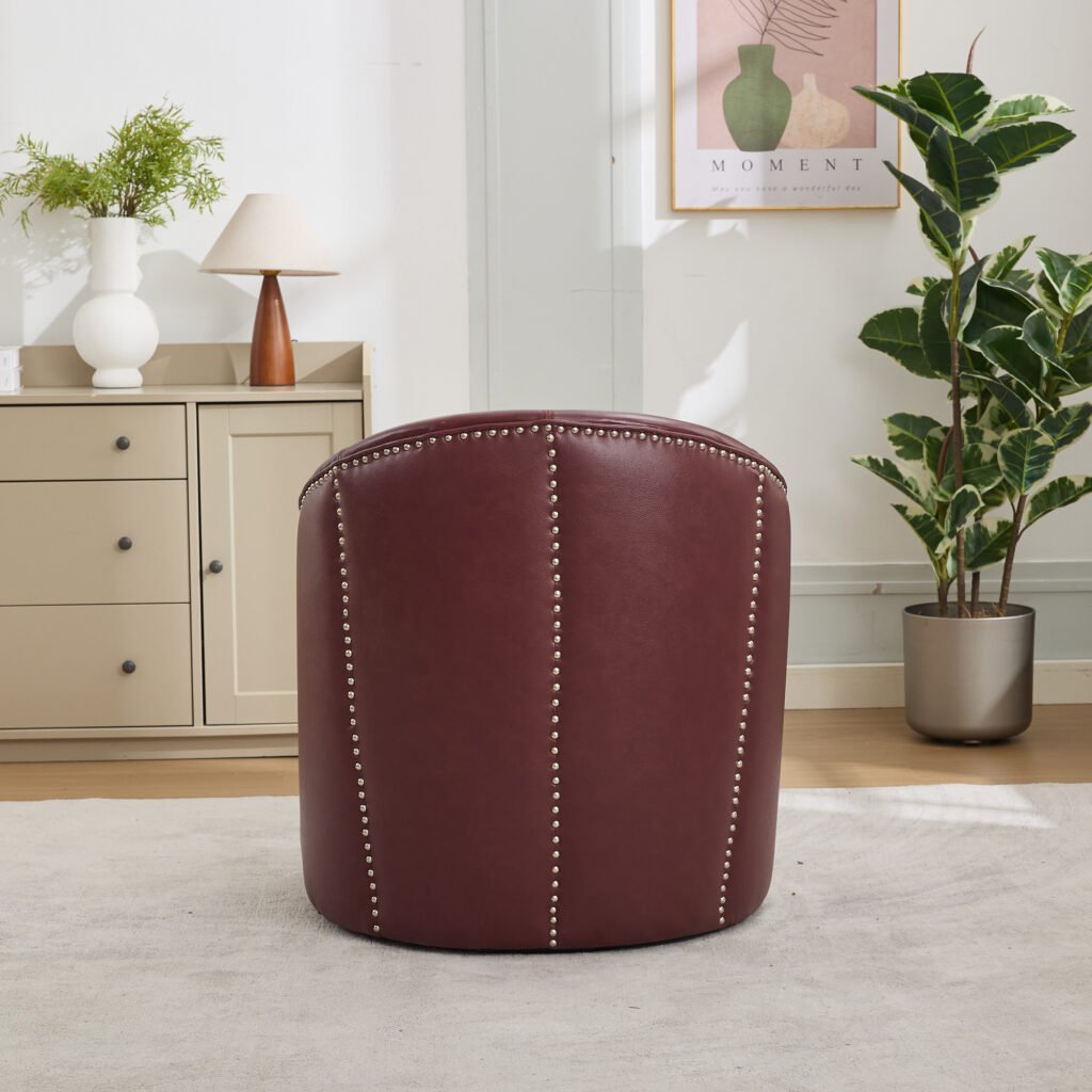 Dark red Top-Grain Leather Swivel Accent Chair, 360° Smooth Spin, Mid-Century Modern Lounge Chair for Living Room/Office - Image 5