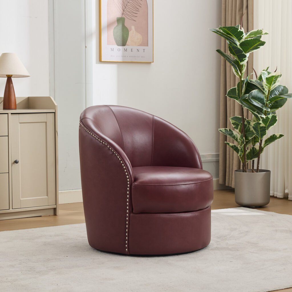 Dark red Top-Grain Leather Swivel Accent Chair, 360° Smooth Spin, Mid-Century Modern Lounge Chair for Living Room/Office - Image 6