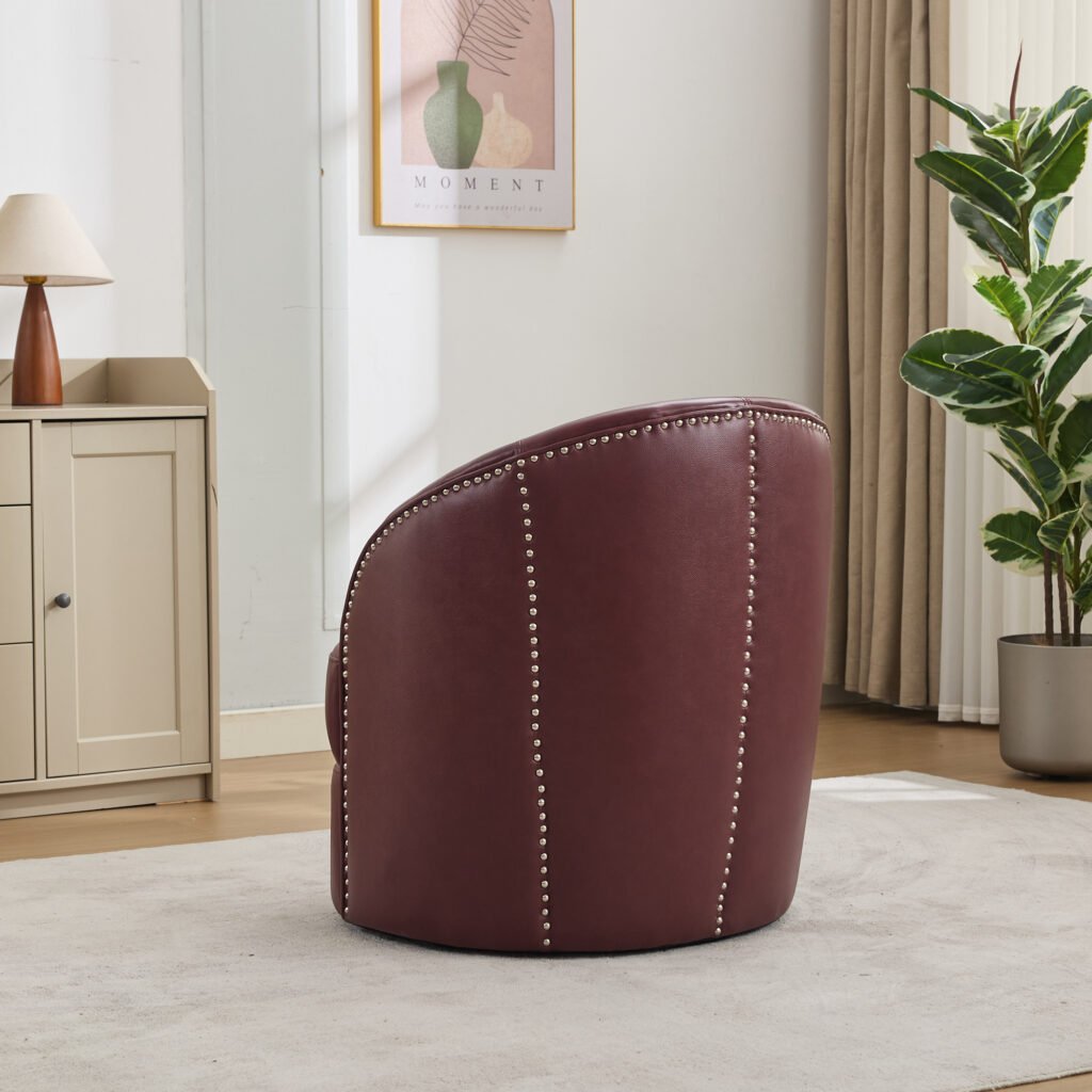Dark red Top-Grain Leather Swivel Accent Chair, 360° Smooth Spin, Mid-Century Modern Lounge Chair for Living Room/Office - Image 8