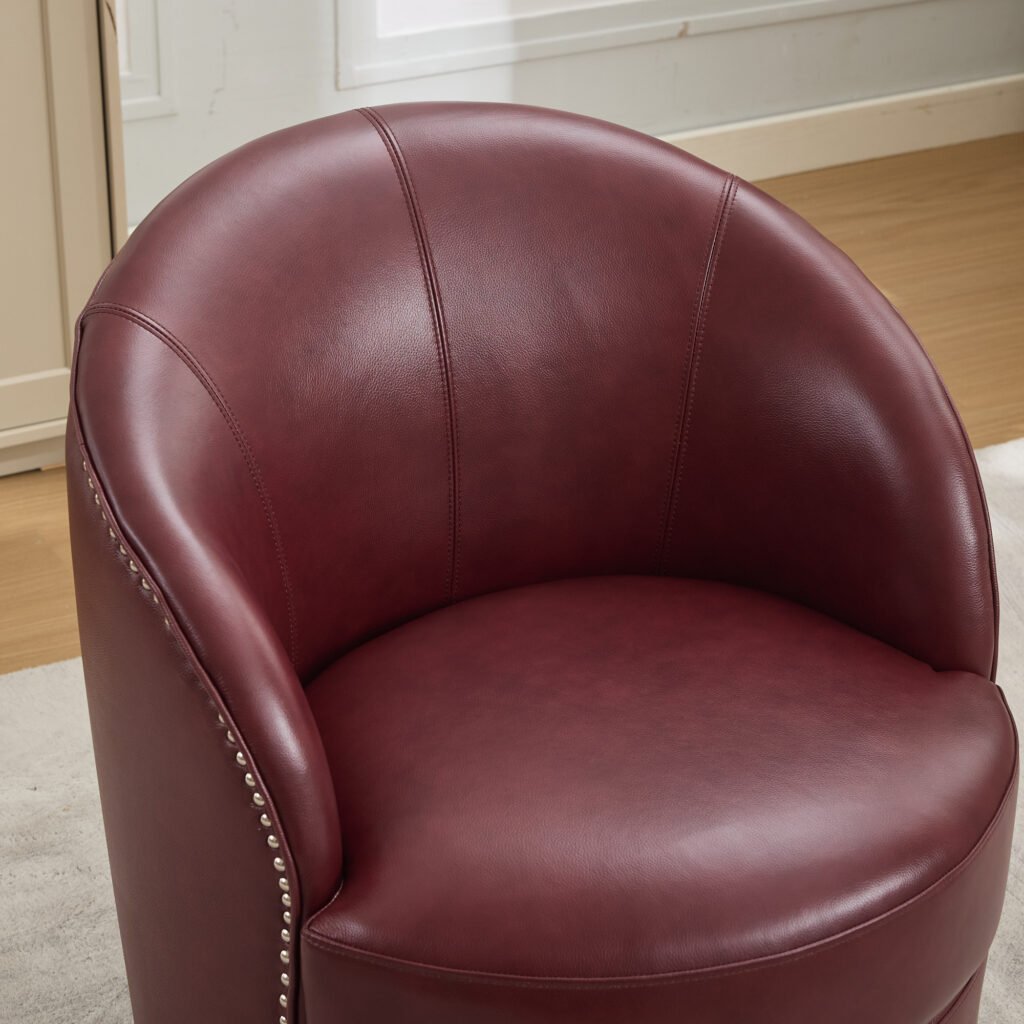 Dark red Top-Grain Leather Swivel Accent Chair, 360° Smooth Spin, Mid-Century Modern Lounge Chair for Living Room/Office - Image 10