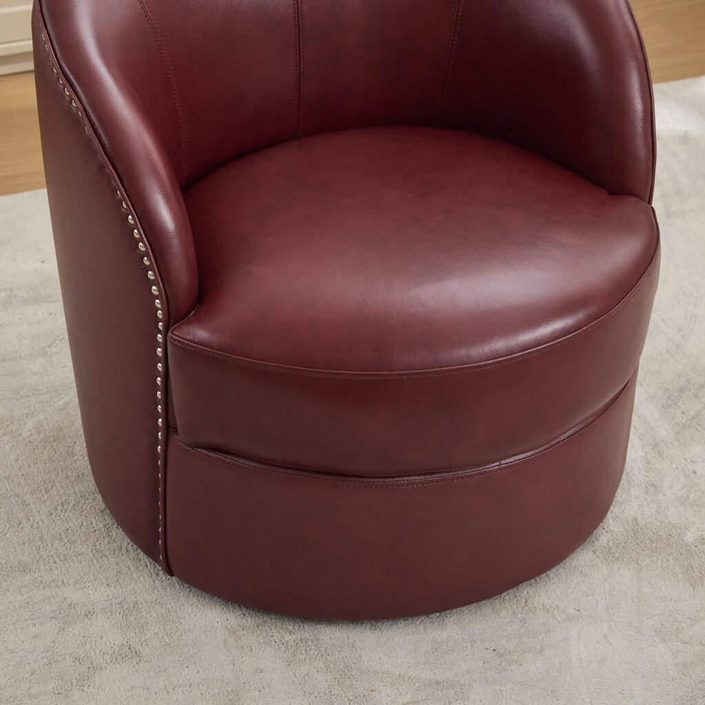 Dark red Top-Grain Leather Swivel Accent Chair, 360° Smooth Spin, Mid-Century Modern Lounge Chair for Living Room/Office - Image 11