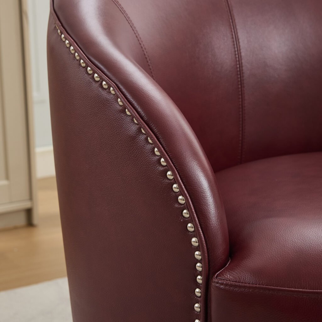 Dark red Top-Grain Leather Swivel Accent Chair, 360° Smooth Spin, Mid-Century Modern Lounge Chair for Living Room/Office - Image 12