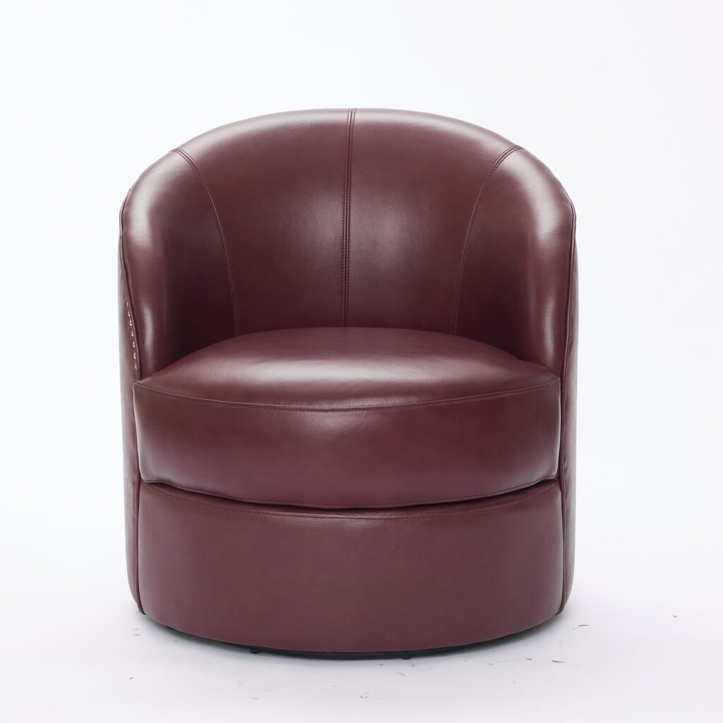 Dark red Top-Grain Leather Swivel Accent Chair, 360° Smooth Spin, Mid-Century Modern Lounge Chair for Living Room/Office - Image 13