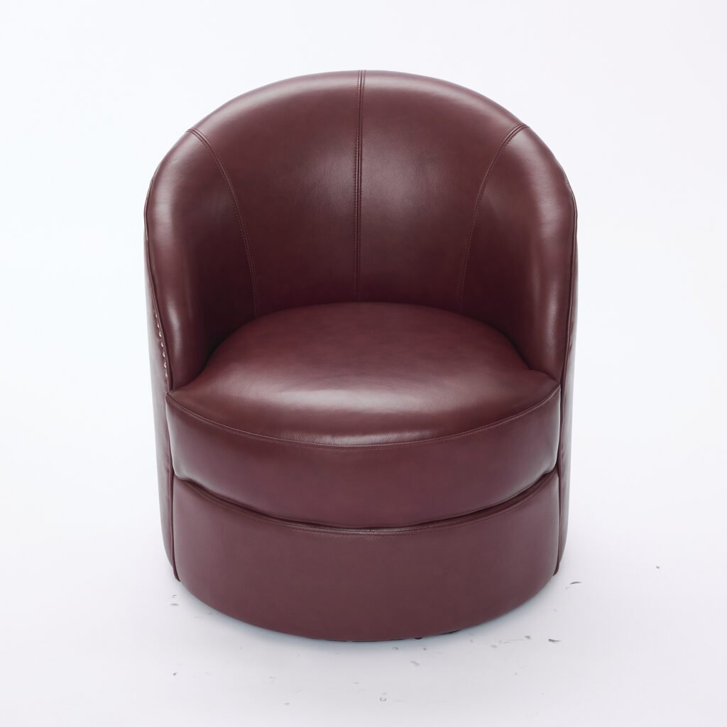 Dark red Top-Grain Leather Swivel Accent Chair, 360° Smooth Spin, Mid-Century Modern Lounge Chair for Living Room/Office - Image 15