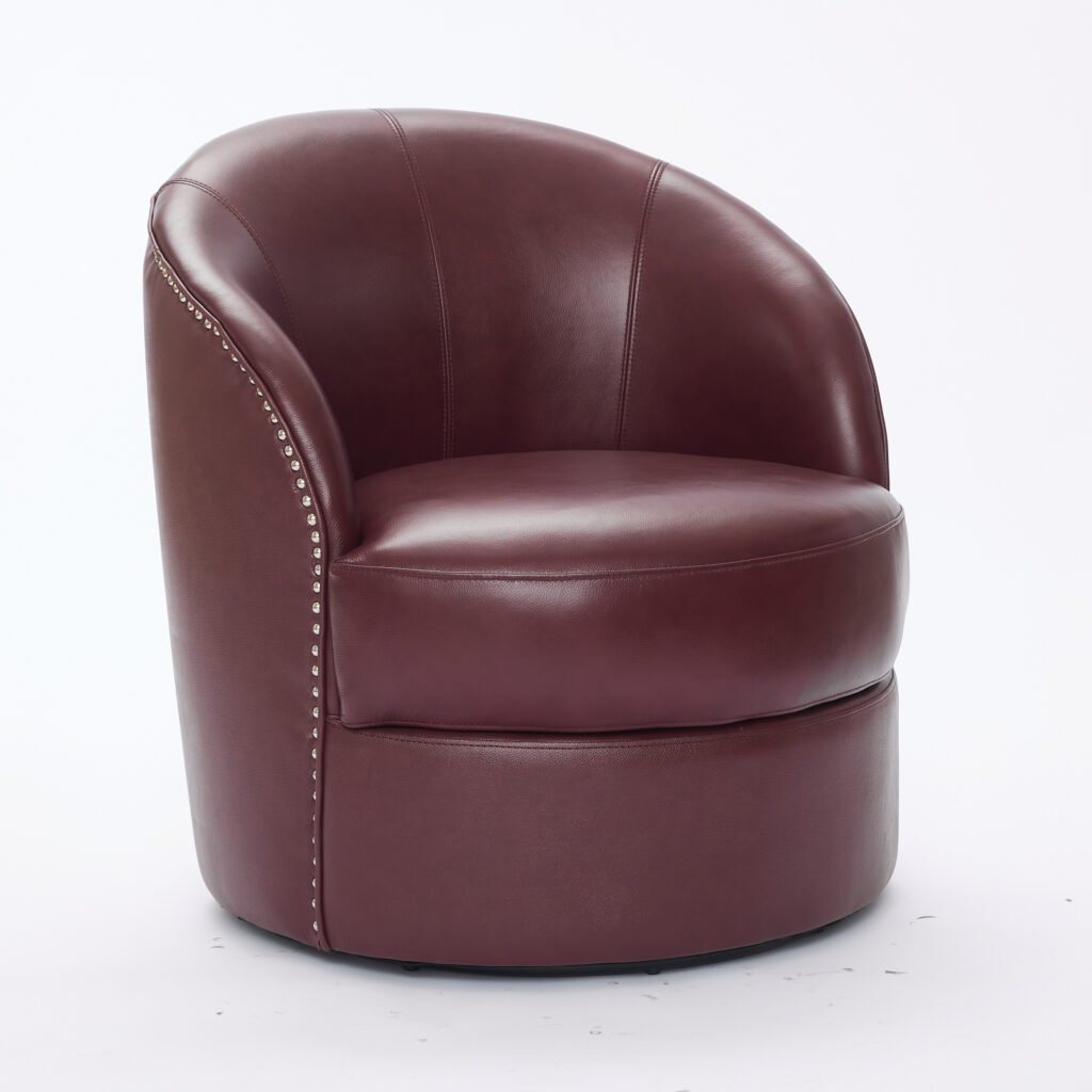 Dark red Top-Grain Leather Swivel Accent Chair, 360° Smooth Spin, Mid-Century Modern Lounge Chair for Living Room/Office - Image 16