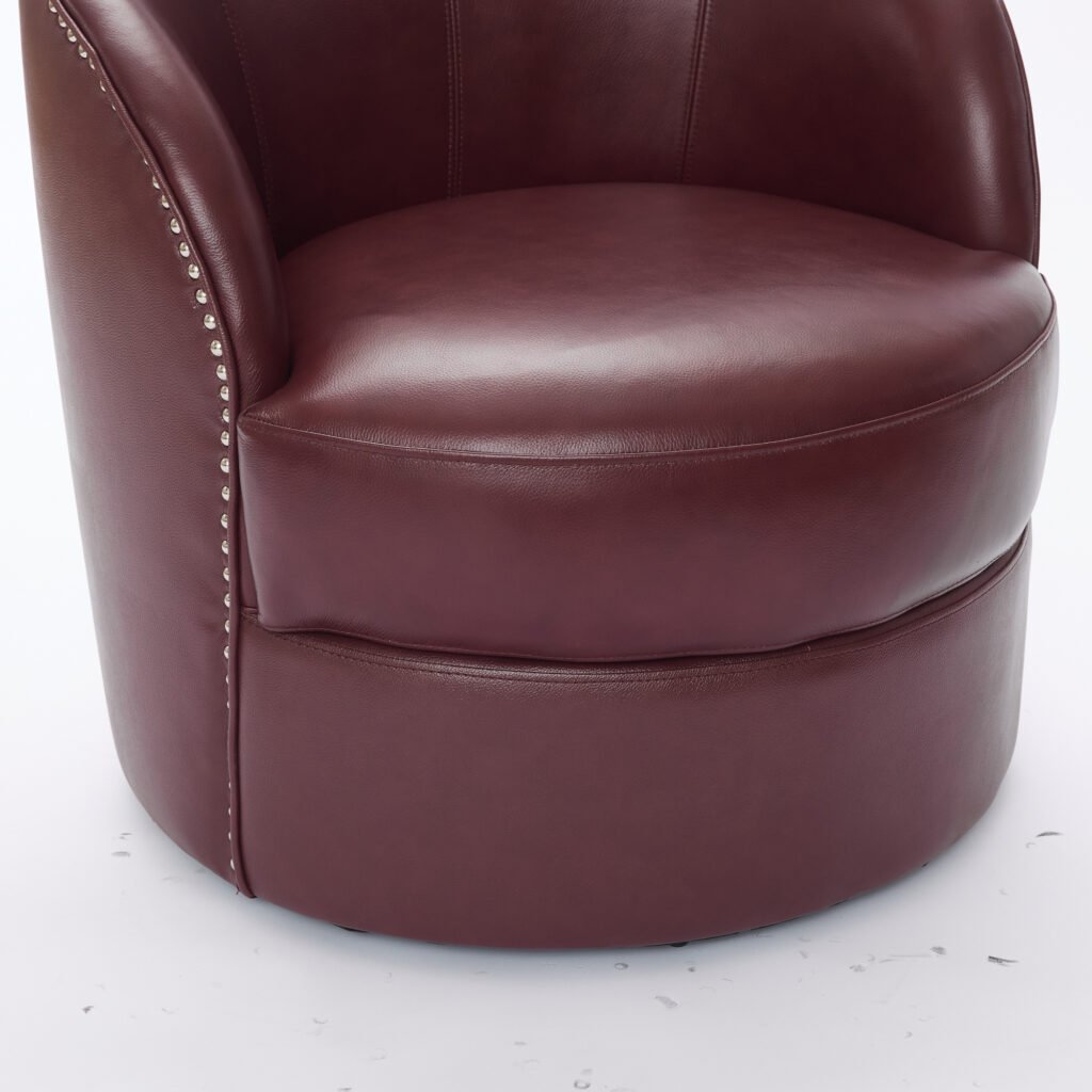 Dark red Top-Grain Leather Swivel Accent Chair, 360° Smooth Spin, Mid-Century Modern Lounge Chair for Living Room/Office - Image 18