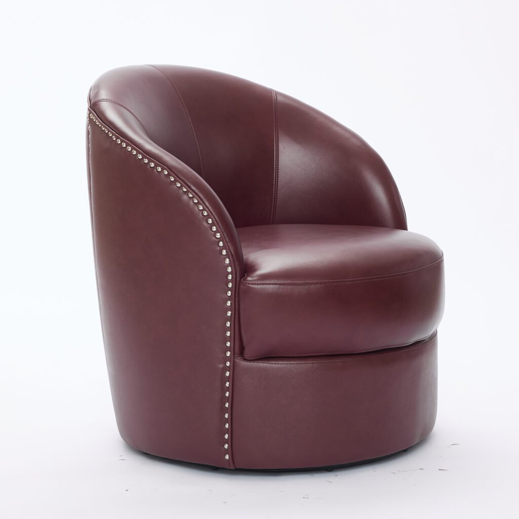 Dark red Top-Grain Leather Swivel Accent Chair, 360° Smooth Spin, Mid-Century Modern Lounge Chair for Living Room/Office - Image 23