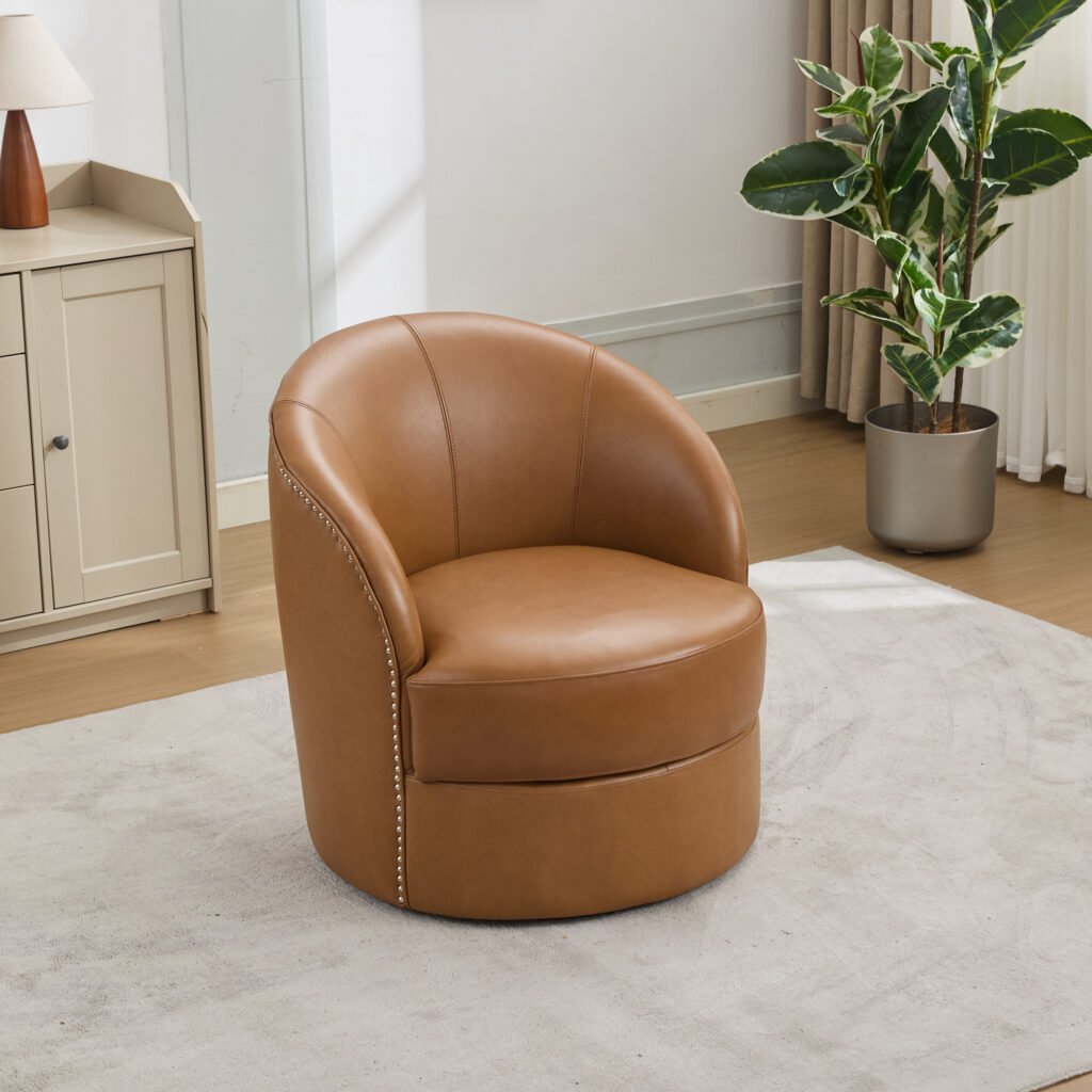 Light Brown Top-Grain Leather Swivel Accent Chair, 360° Smooth Spin, Mid-Century Modern Lounge Chair for Living Room/Office - Image 1