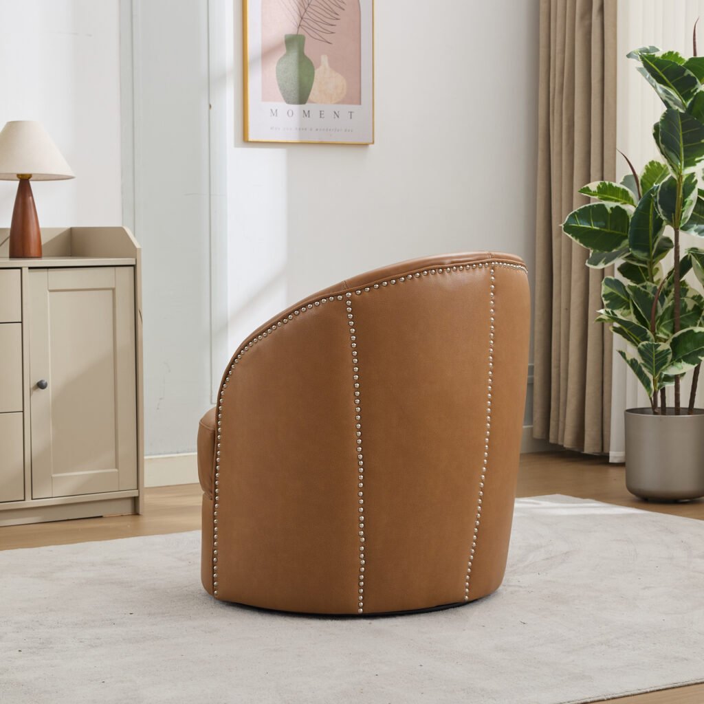 Light Brown Top-Grain Leather Swivel Accent Chair, 360° Smooth Spin, Mid-Century Modern Lounge Chair for Living Room/Office - Image 2