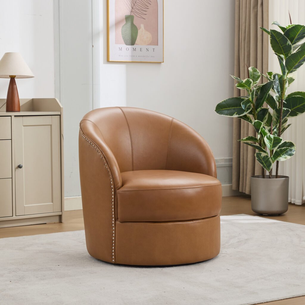 Light Brown Top-Grain Leather Swivel Accent Chair, 360° Smooth Spin, Mid-Century Modern Lounge Chair for Living Room/Office - Image 3