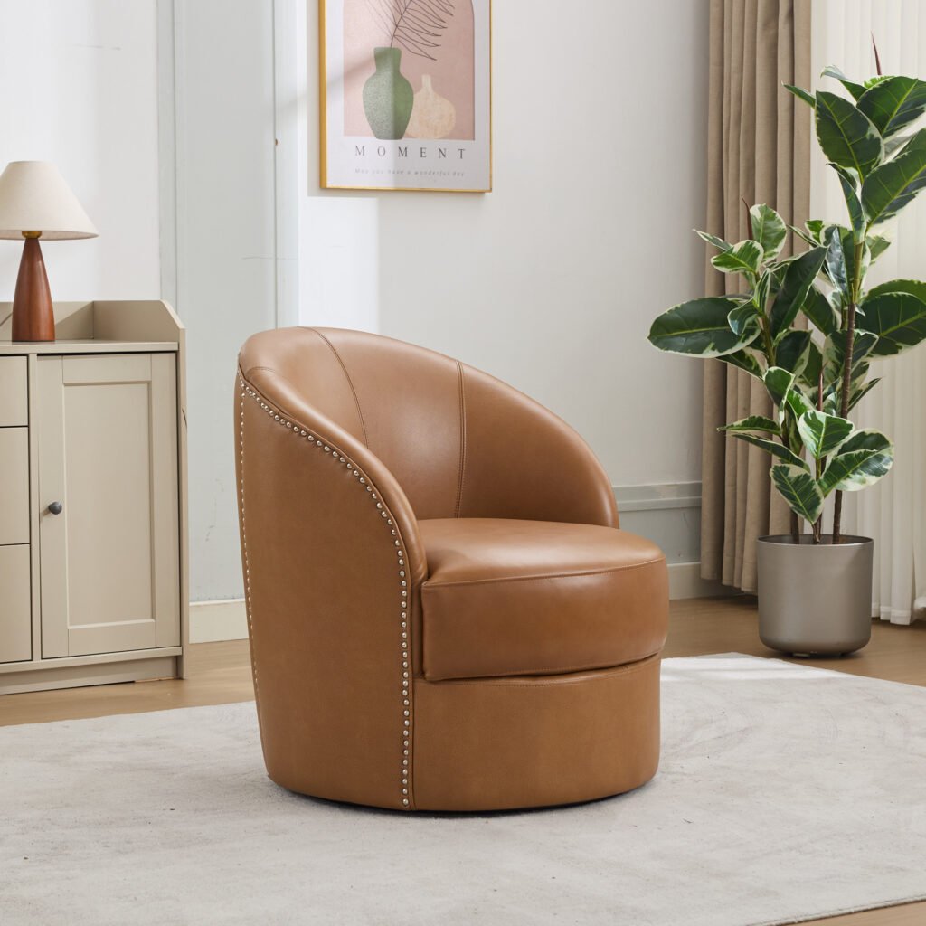 Light Brown Top-Grain Leather Swivel Accent Chair, 360° Smooth Spin, Mid-Century Modern Lounge Chair for Living Room/Office - Image 4