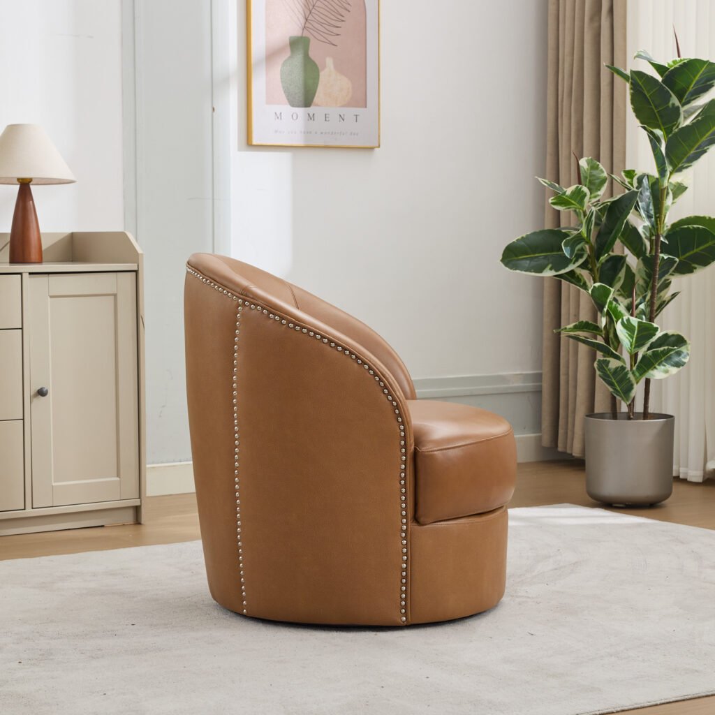 Light Brown Top-Grain Leather Swivel Accent Chair, 360° Smooth Spin, Mid-Century Modern Lounge Chair for Living Room/Office - Image 5