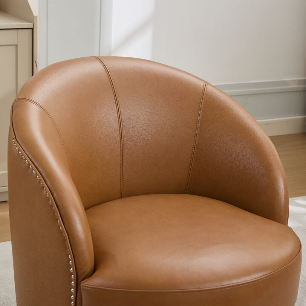 Light Brown Top-Grain Leather Swivel Accent Chair, 360° Smooth Spin, Mid-Century Modern Lounge Chair for Living Room/Office - Image 6