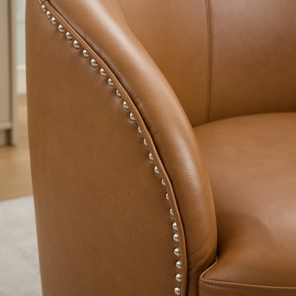 Light Brown Top-Grain Leather Swivel Accent Chair, 360° Smooth Spin, Mid-Century Modern Lounge Chair for Living Room/Office - Image 7