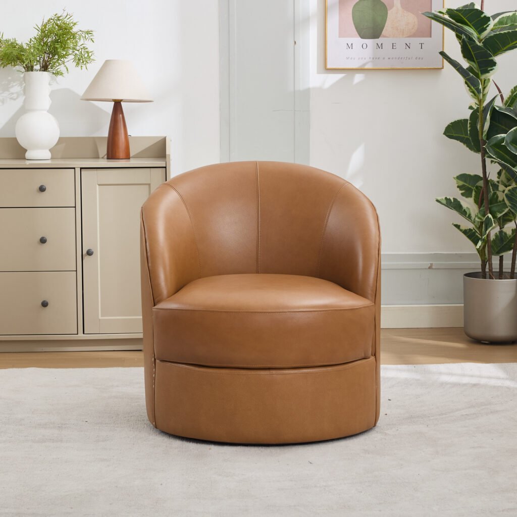 Light Brown Top-Grain Leather Swivel Accent Chair, 360° Smooth Spin, Mid-Century Modern Lounge Chair for Living Room/Office - Image 9