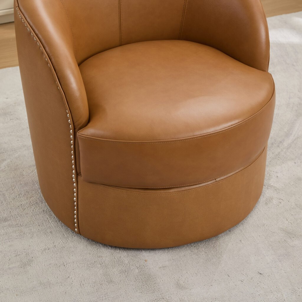 Light Brown Top-Grain Leather Swivel Accent Chair, 360° Smooth Spin, Mid-Century Modern Lounge Chair for Living Room/Office - Image 10