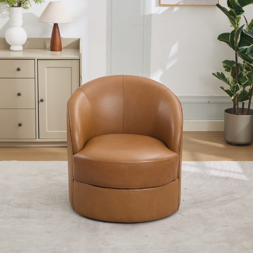 Light Brown Top-Grain Leather Swivel Accent Chair, 360° Smooth Spin, Mid-Century Modern Lounge Chair for Living Room/Office - Image 12