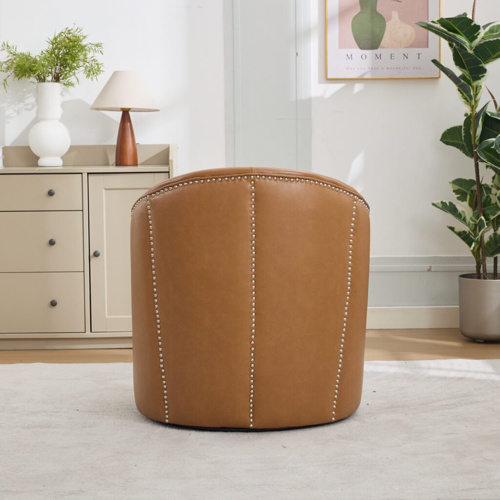 Light Brown Top-Grain Leather Swivel Accent Chair, 360° Smooth Spin, Mid-Century Modern Lounge Chair for Living Room/Office - Image 13
