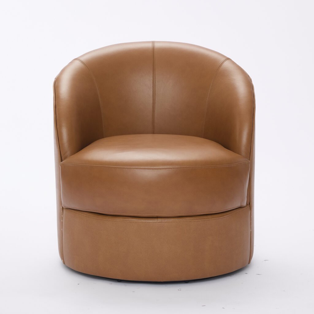 Light Brown Top-Grain Leather Swivel Accent Chair, 360° Smooth Spin, Mid-Century Modern Lounge Chair for Living Room/Office - Image 14