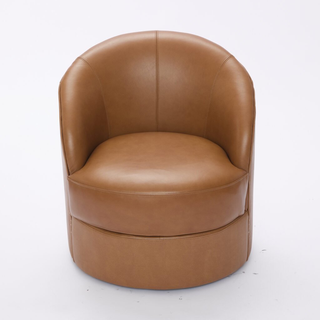 Light Brown Top-Grain Leather Swivel Accent Chair, 360° Smooth Spin, Mid-Century Modern Lounge Chair for Living Room/Office - Image 30