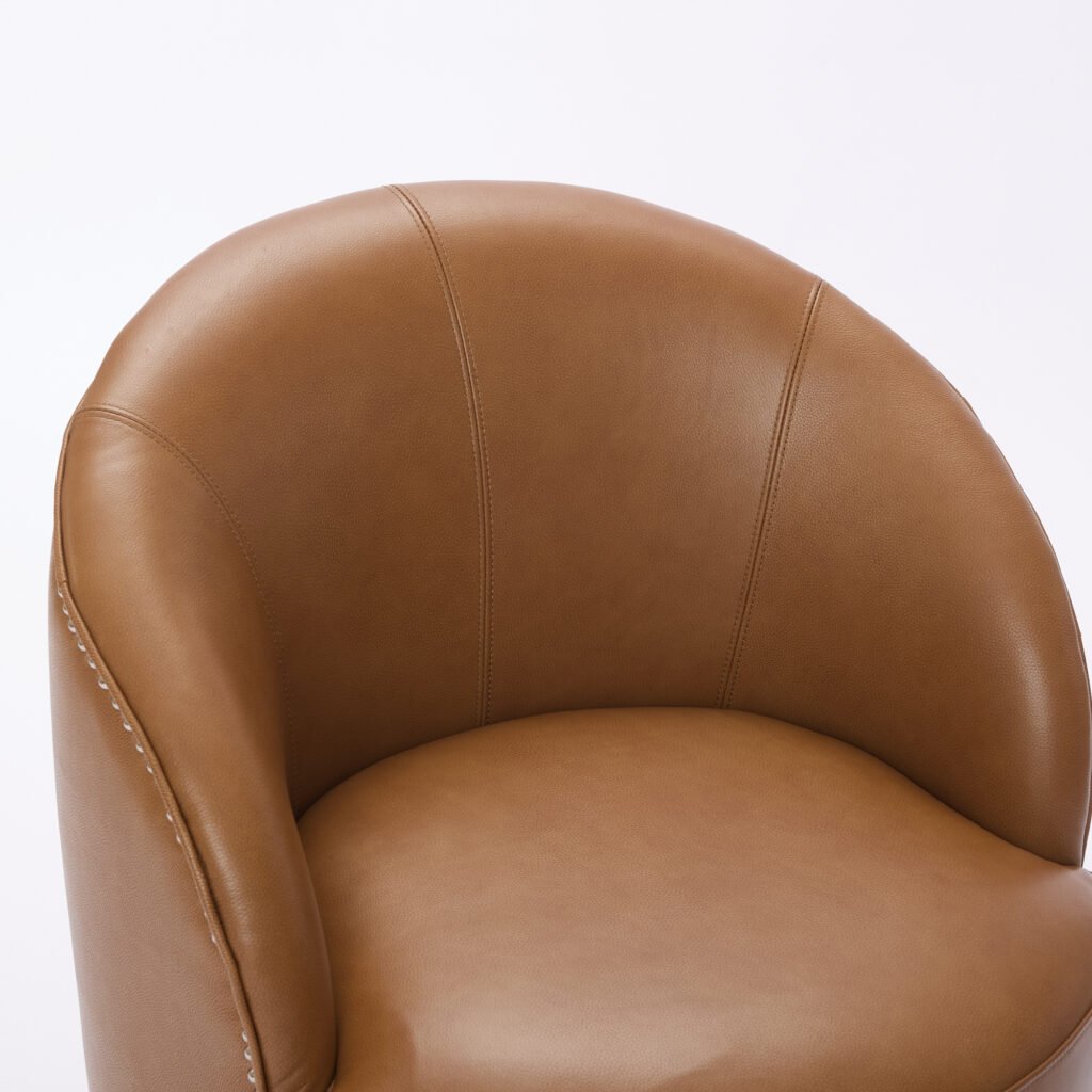 Light Brown Top-Grain Leather Swivel Accent Chair, 360° Smooth Spin, Mid-Century Modern Lounge Chair for Living Room/Office - Image 16