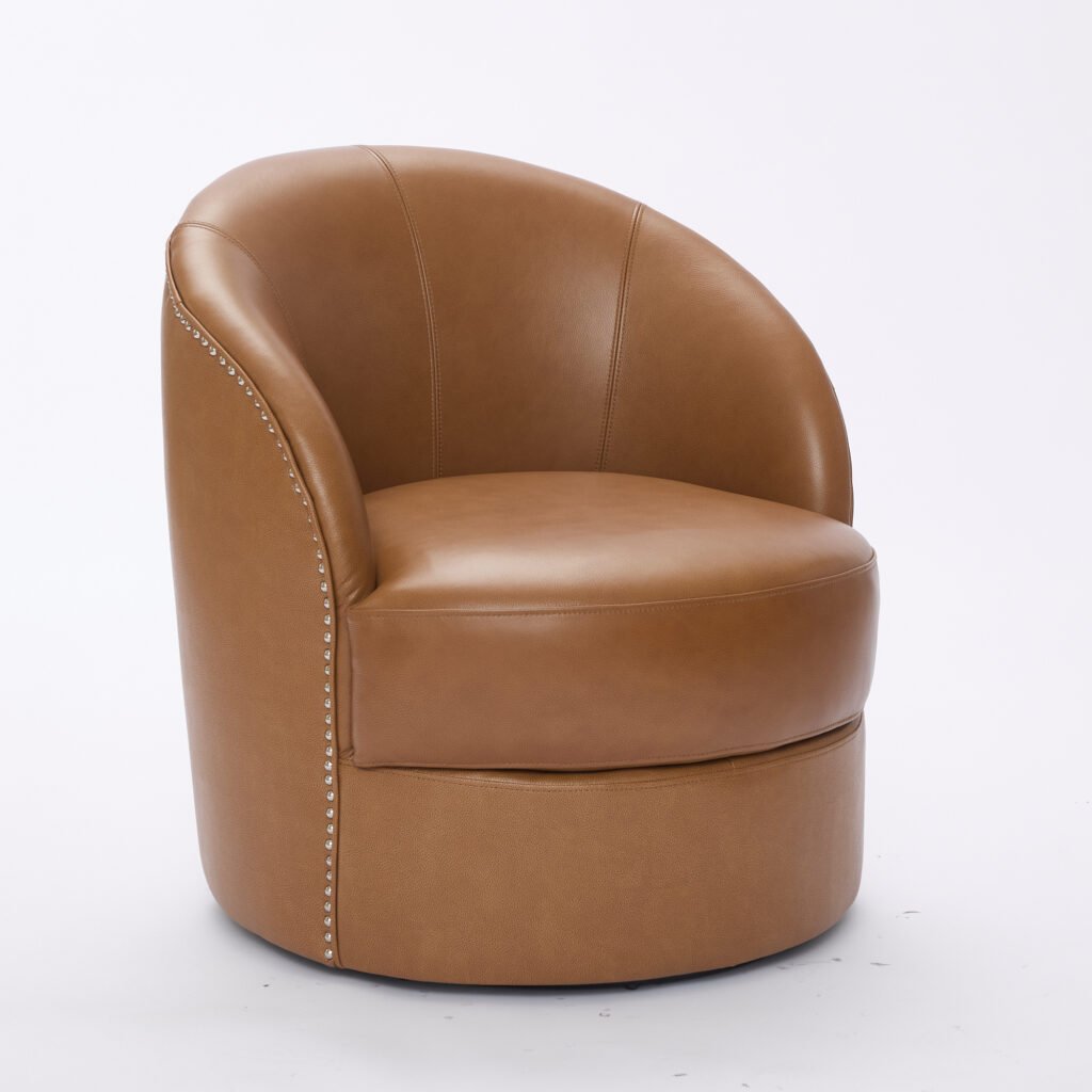 Light Brown Top-Grain Leather Swivel Accent Chair, 360° Smooth Spin, Mid-Century Modern Lounge Chair for Living Room/Office - Image 17