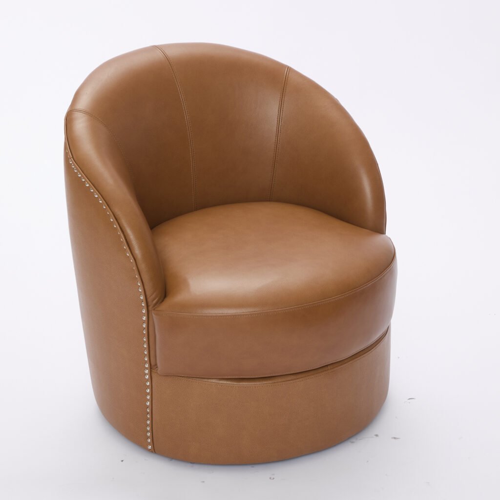 Light Brown Top-Grain Leather Swivel Accent Chair, 360° Smooth Spin, Mid-Century Modern Lounge Chair for Living Room/Office - Image 18