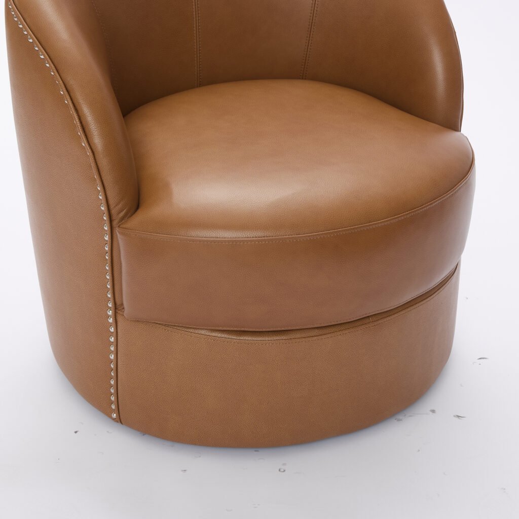 Light Brown Top-Grain Leather Swivel Accent Chair, 360° Smooth Spin, Mid-Century Modern Lounge Chair for Living Room/Office - Image 20