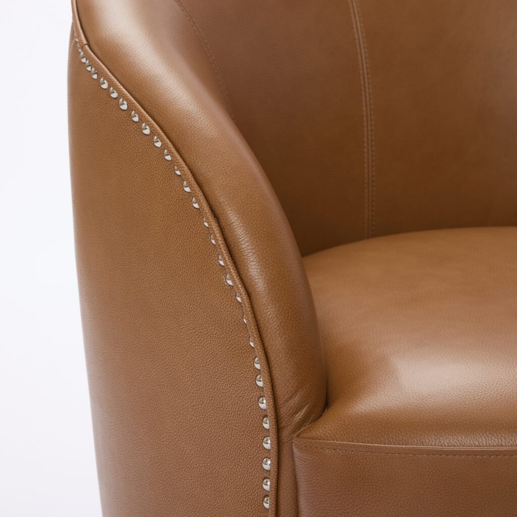 Light Brown Top-Grain Leather Swivel Accent Chair, 360° Smooth Spin, Mid-Century Modern Lounge Chair for Living Room/Office - Image 21