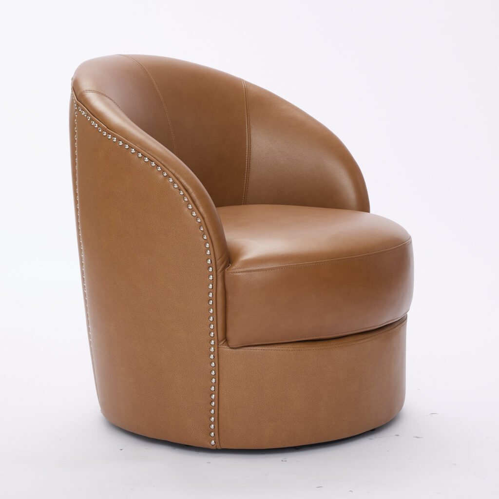 Light Brown Top-Grain Leather Swivel Accent Chair, 360° Smooth Spin, Mid-Century Modern Lounge Chair for Living Room/Office - Image 32