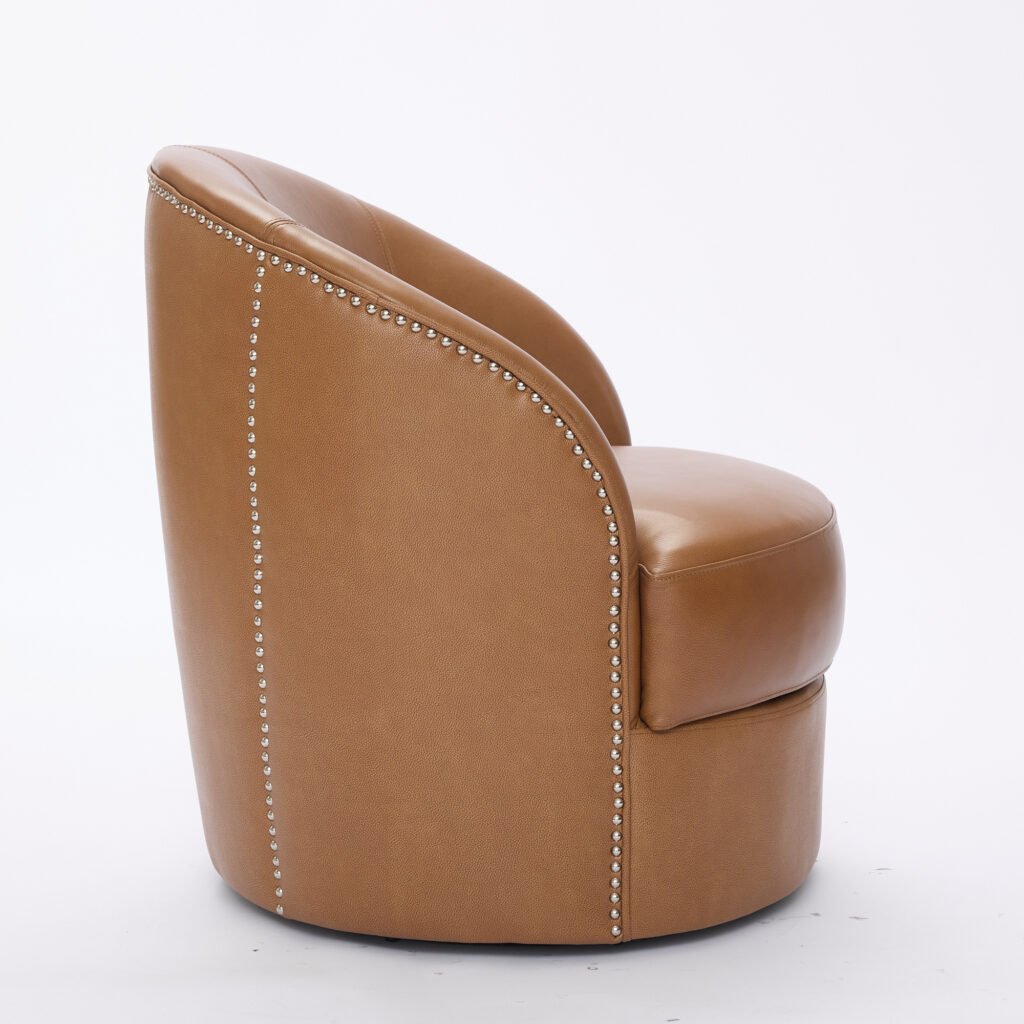 Light Brown Top-Grain Leather Swivel Accent Chair, 360° Smooth Spin, Mid-Century Modern Lounge Chair for Living Room/Office - Image 33