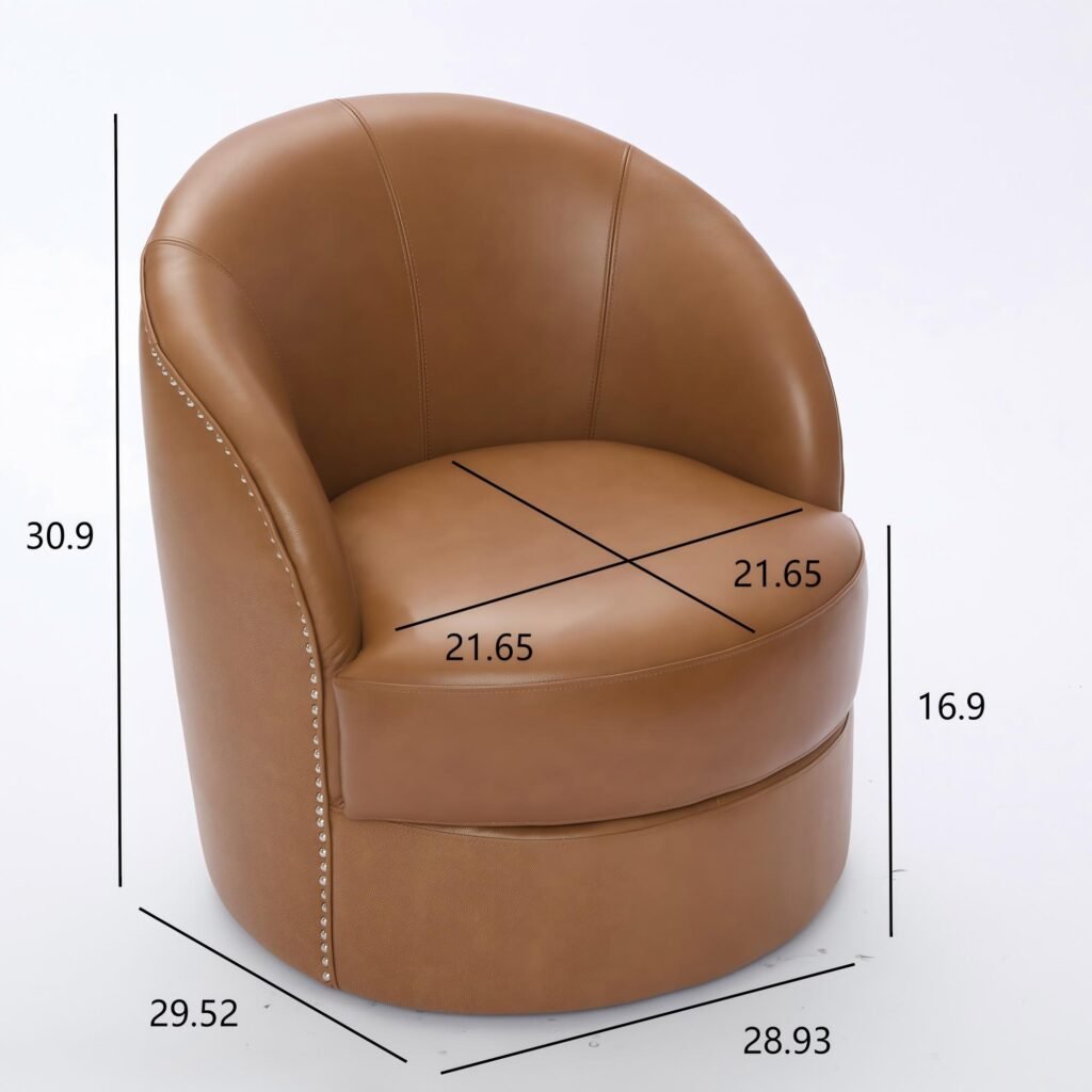 Light Brown Top-Grain Leather Swivel Accent Chair, 360° Smooth Spin, Mid-Century Modern Lounge Chair for Living Room/Office - Clone