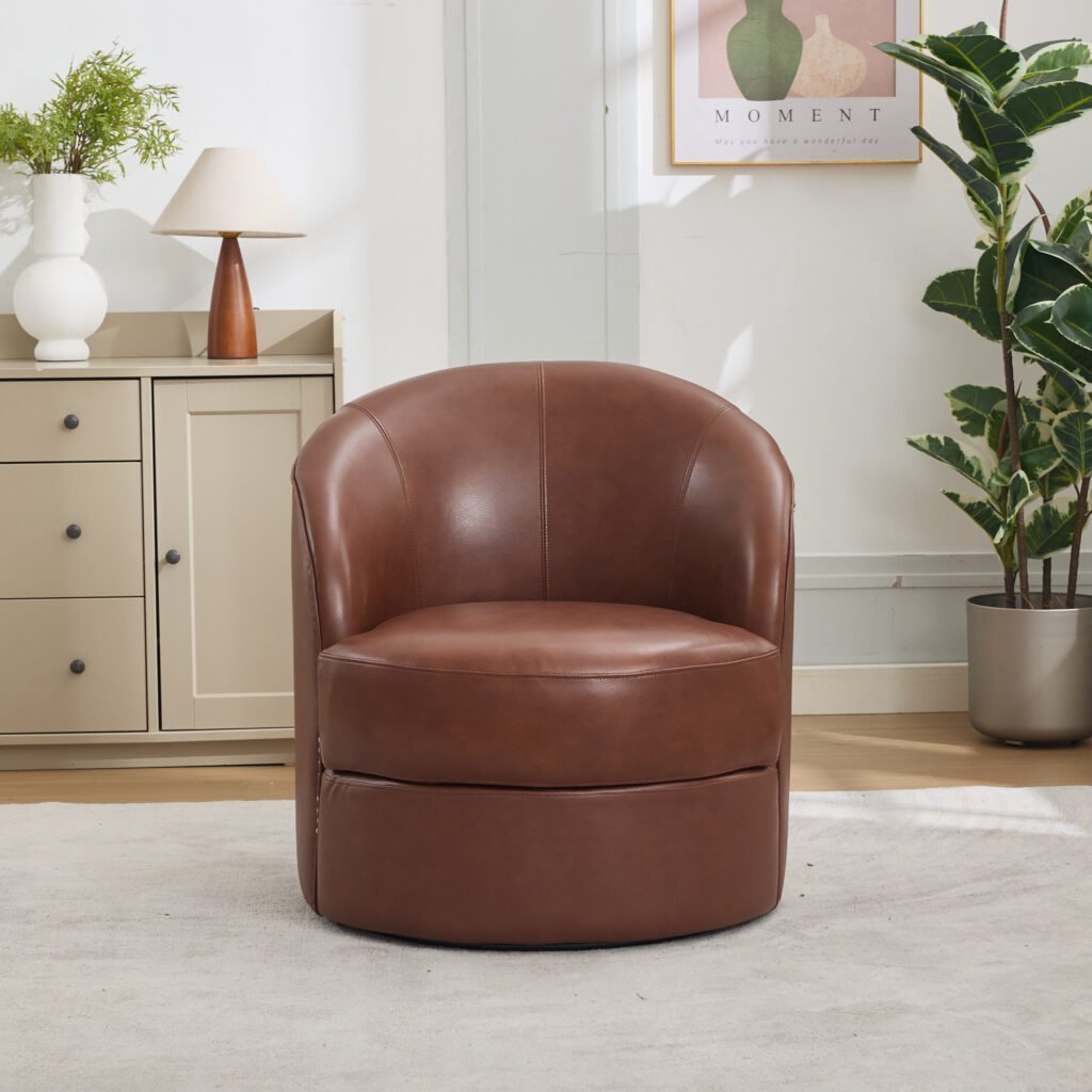 Brown Top-Grain Leather Swivel Accent Chair, 360° Smooth Spin, Mid-Century Modern Lounge Chair for Living Room/Office - Image 2