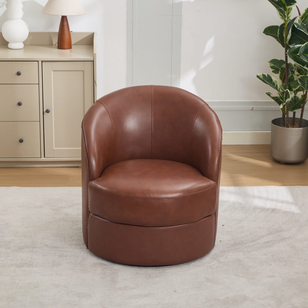 Brown Top-Grain Leather Swivel Accent Chair, 360° Smooth Spin, Mid-Century Modern Lounge Chair for Living Room/Office - Image 3