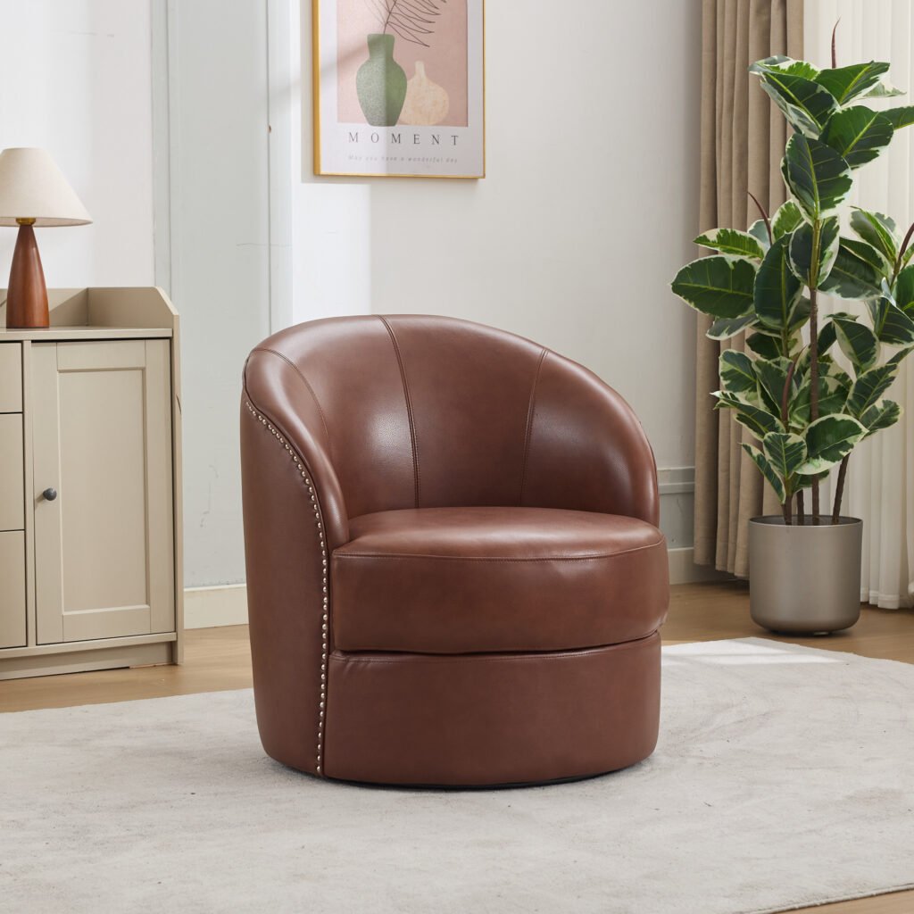Brown Top-Grain Leather Swivel Accent Chair, 360° Smooth Spin, Mid-Century Modern Lounge Chair for Living Room/Office - Image 4