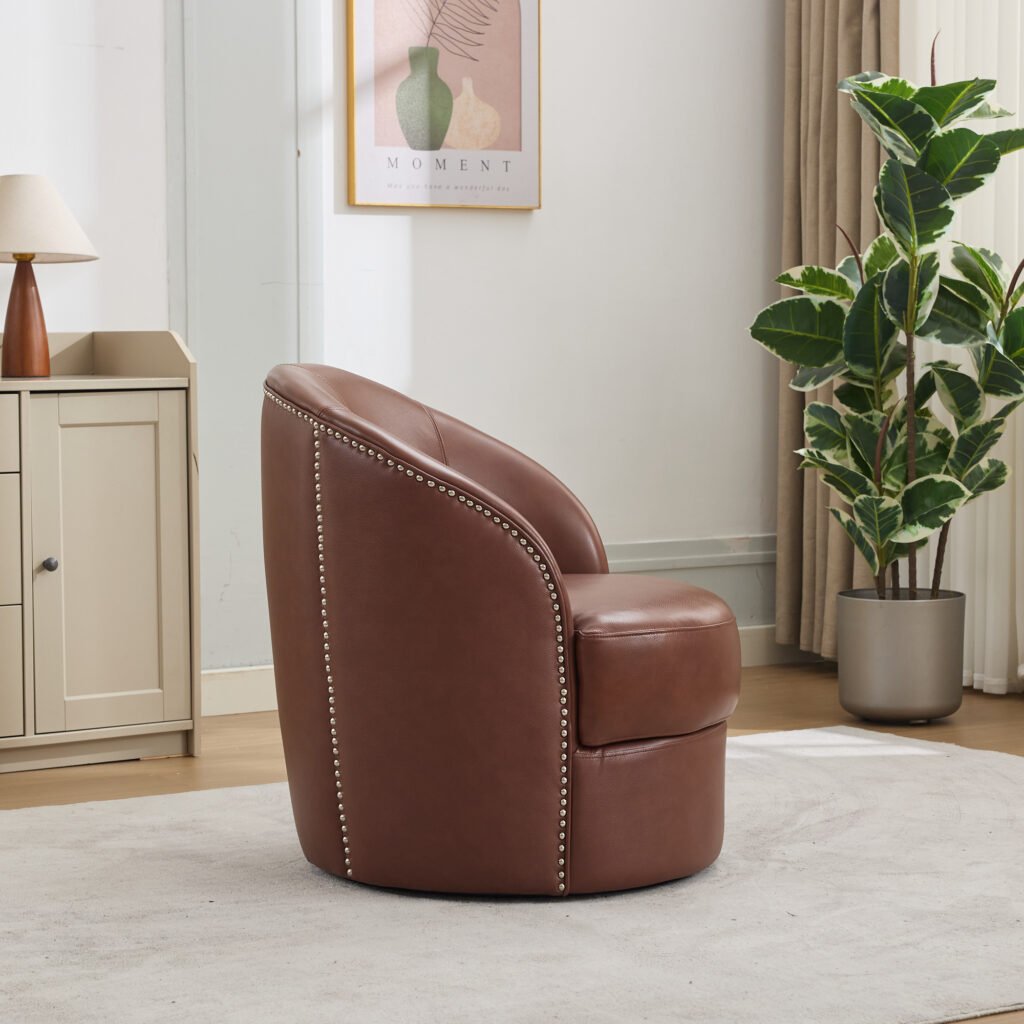 Brown Top-Grain Leather Swivel Accent Chair, 360° Smooth Spin, Mid-Century Modern Lounge Chair for Living Room/Office - Image 7