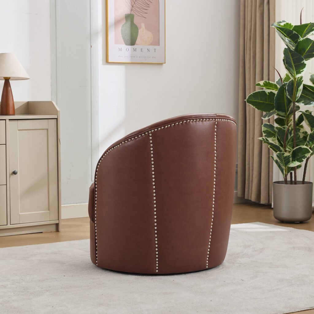 Brown Top-Grain Leather Swivel Accent Chair, 360° Smooth Spin, Mid-Century Modern Lounge Chair for Living Room/Office - Image 8
