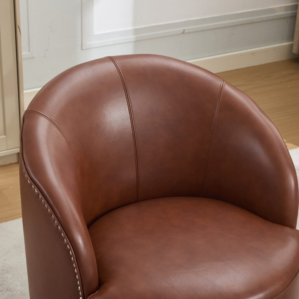 Brown Top-Grain Leather Swivel Accent Chair, 360° Smooth Spin, Mid-Century Modern Lounge Chair for Living Room/Office - Image 9