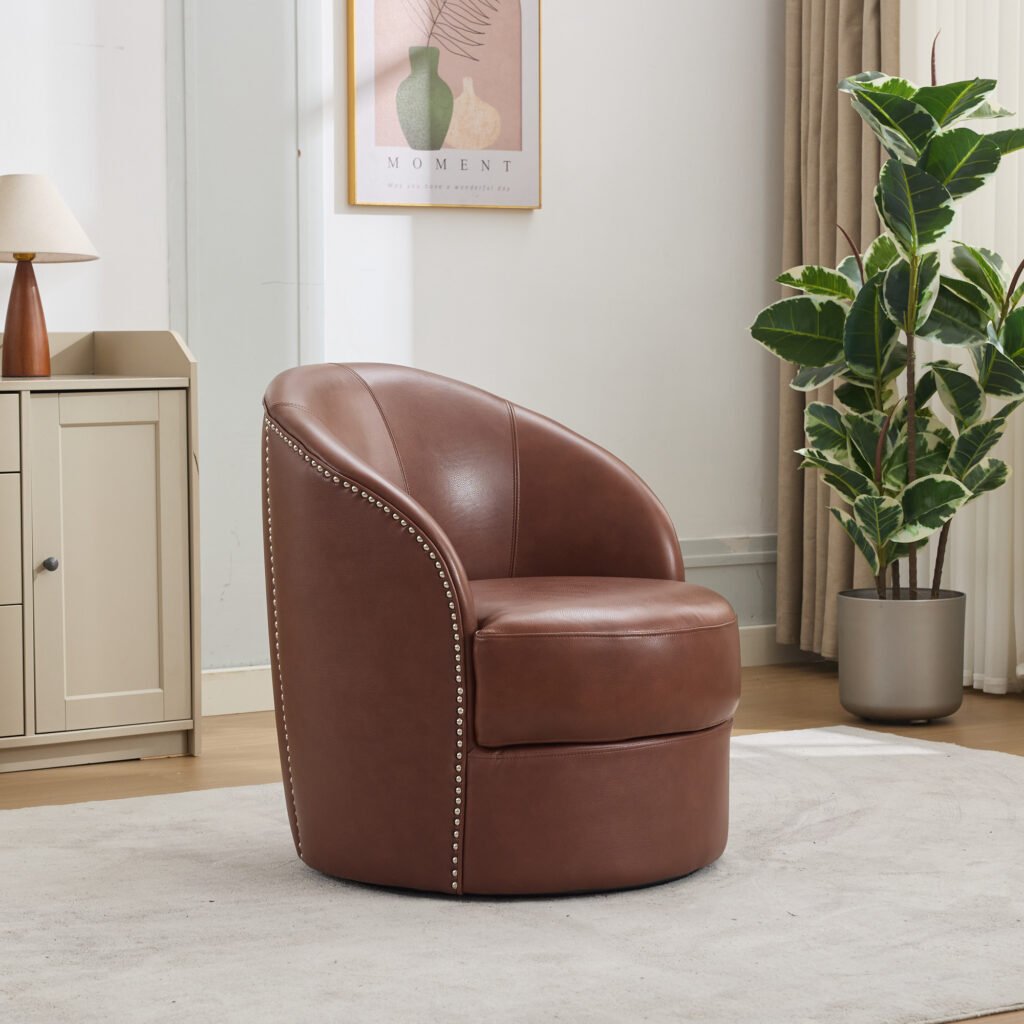 Brown Top-Grain Leather Swivel Accent Chair, 360° Smooth Spin, Mid-Century Modern Lounge Chair for Living Room/Office - Image 10