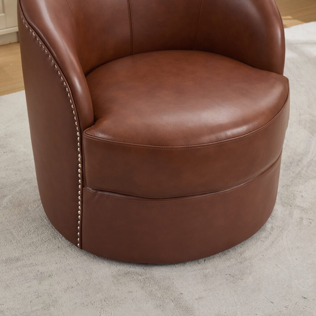 Brown Top-Grain Leather Swivel Accent Chair, 360° Smooth Spin, Mid-Century Modern Lounge Chair for Living Room/Office - Image 11