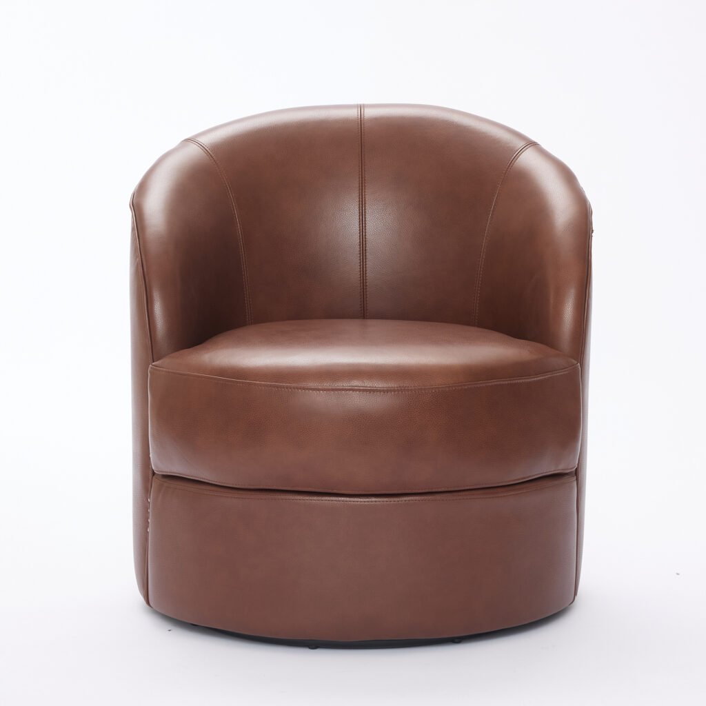 Brown Top-Grain Leather Swivel Accent Chair, 360° Smooth Spin, Mid-Century Modern Lounge Chair for Living Room/Office - Image 14