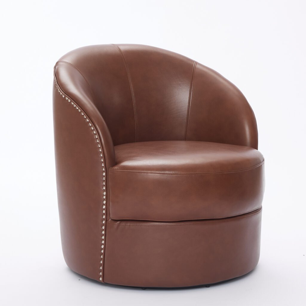 Brown Top-Grain Leather Swivel Accent Chair, 360° Smooth Spin, Mid-Century Modern Lounge Chair for Living Room/Office - Image 31