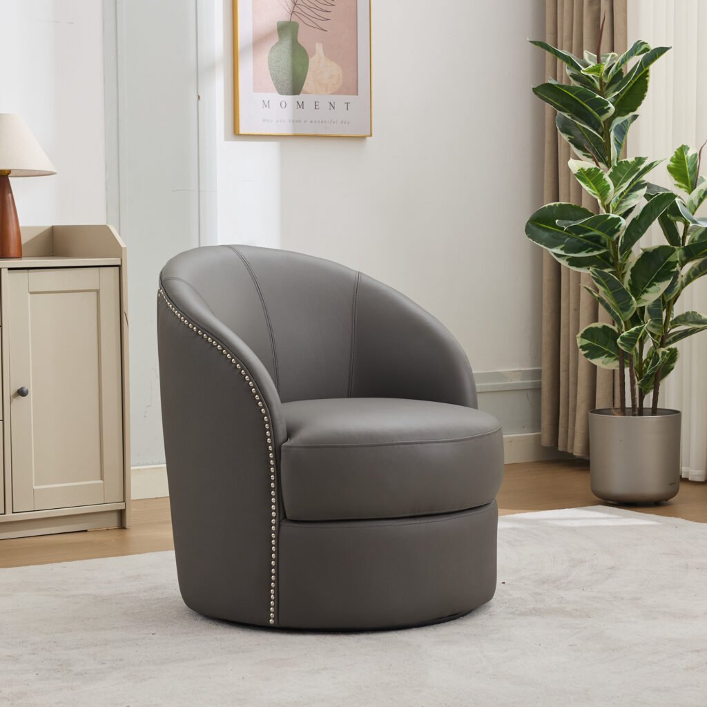 Gray Top-Grain Leather Swivel Accent Chair, 360° Smooth Spin, Mid-Century Modern Lounge Chair for Living Room/Office - Image 1