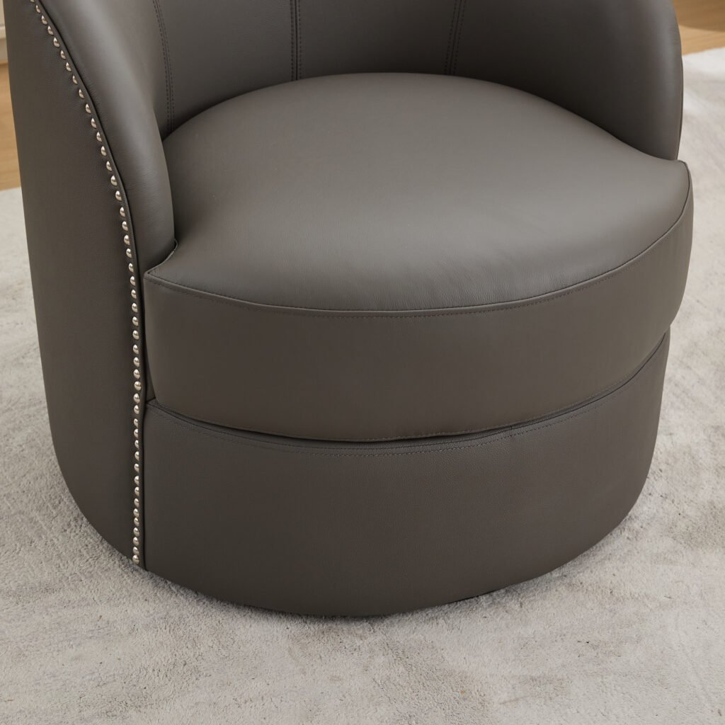 Gray Top-Grain Leather Swivel Accent Chair, 360° Smooth Spin, Mid-Century Modern Lounge Chair for Living Room/Office - Image 2