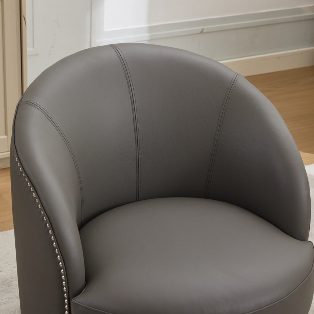 Gray Top-Grain Leather Swivel Accent Chair, 360° Smooth Spin, Mid-Century Modern Lounge Chair for Living Room/Office - Image 3