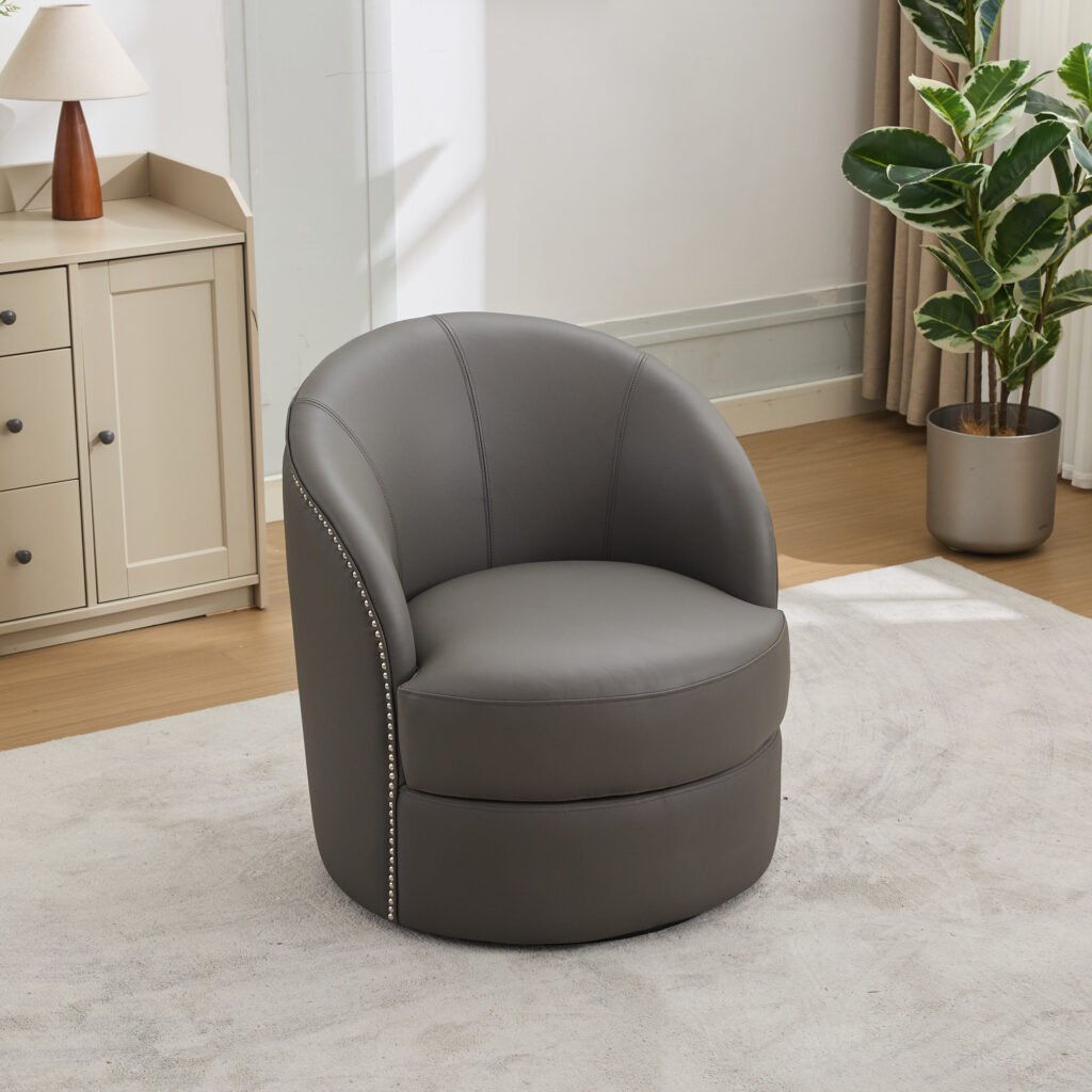 Gray Top-Grain Leather Swivel Accent Chair, 360° Smooth Spin, Mid-Century Modern Lounge Chair for Living Room/Office - Image 4